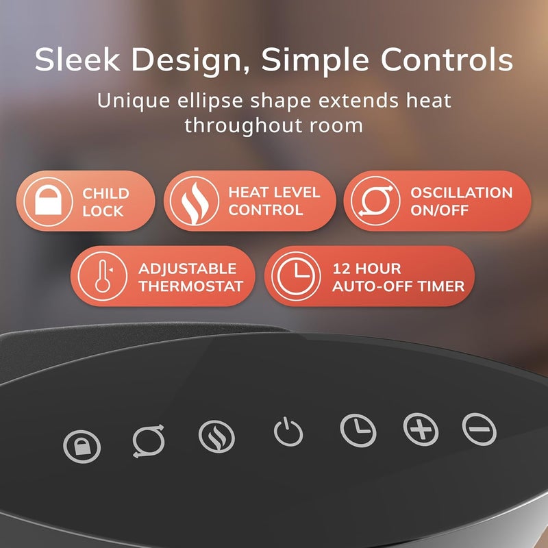 Lasko Ellipse Ceramic Tabletop Heater for Home with Tip-Over Switch, Child Lock, Digital Display, Thermostat, AutoECO Mode, Wide Oscillation, Remote, For Bedroom, Office, Den, 1500W, Black, CD12950 - Image 5